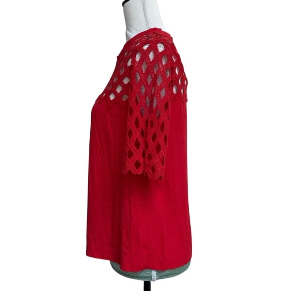 Sandro Paris Lace Blouse FR 2 US 6 Red Cutout Short Sleeve Keyhole NWT $250 - Picture 8 of 13